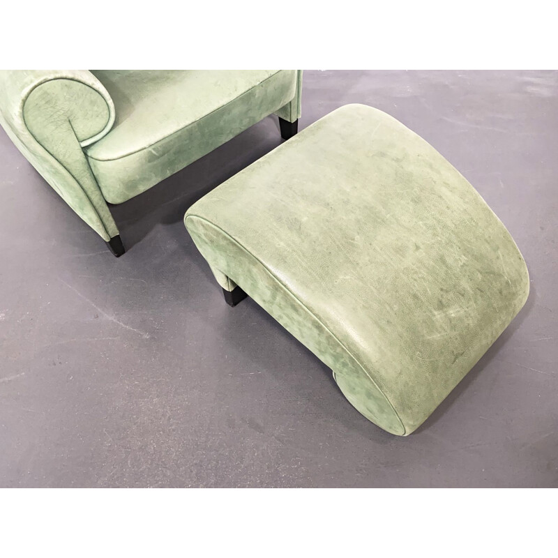 Poltrona vintage, chaise longue con poggiapiedi DS-90, pelle verde, di Anita Schmidt per De Sede, Svizzera, 1992.