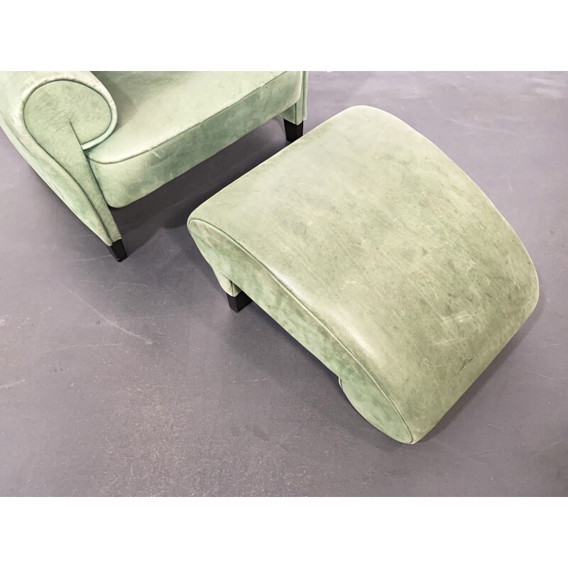 Vintage fauteuil, chaise longue met poef DS-90, groen leer, door Anita Schmidt voor De Sede, Zwitserland, 1992.