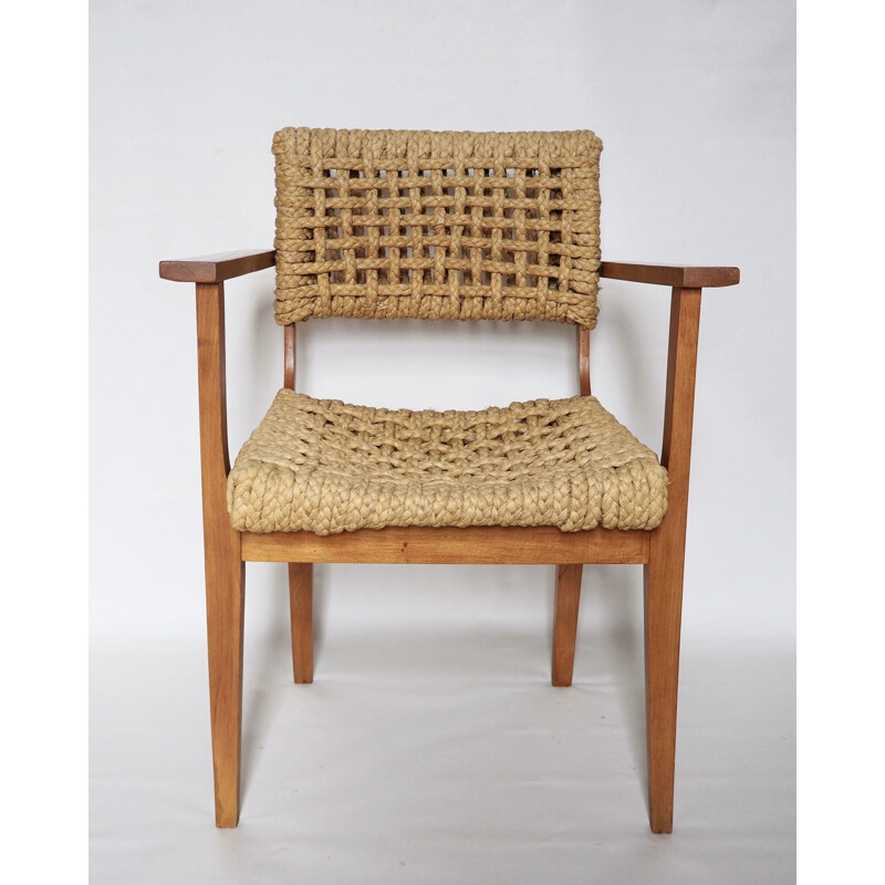 Vintage wooden and rope armchair Audoux Minet