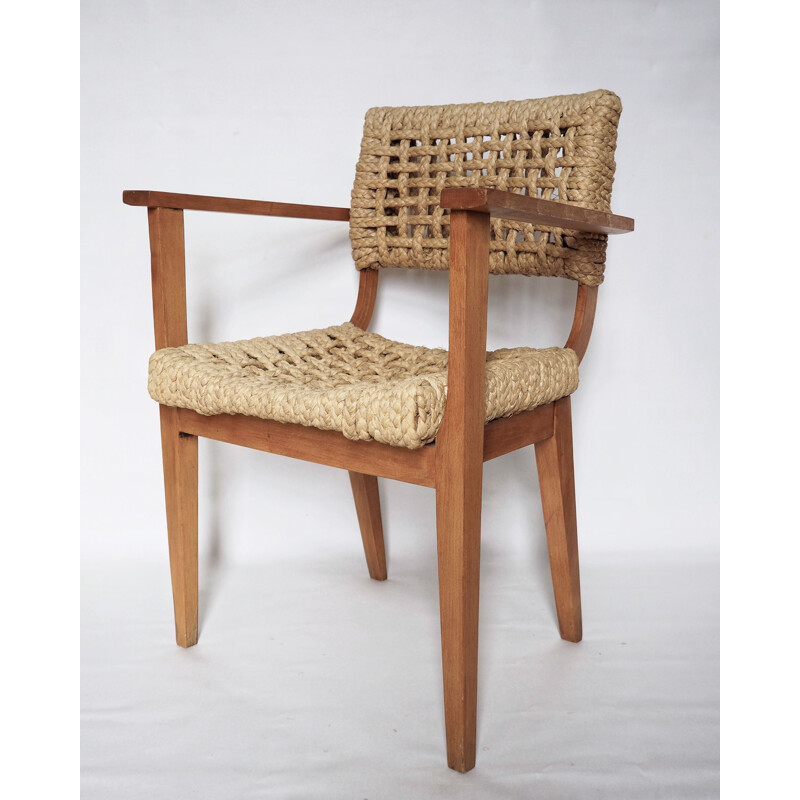 Vintage wooden and rope armchair Audoux Minet
