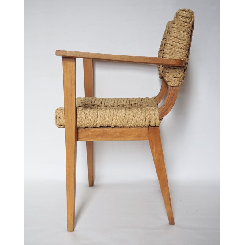 Vintage wooden and rope armchair Audoux Minet