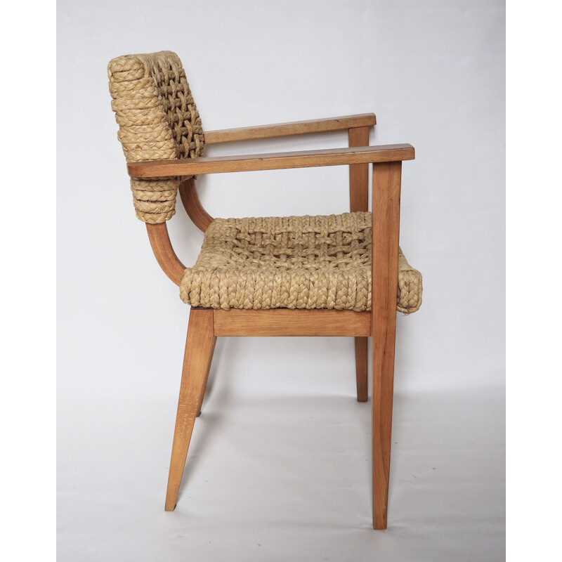 Vintage wooden and rope armchair Audoux Minet