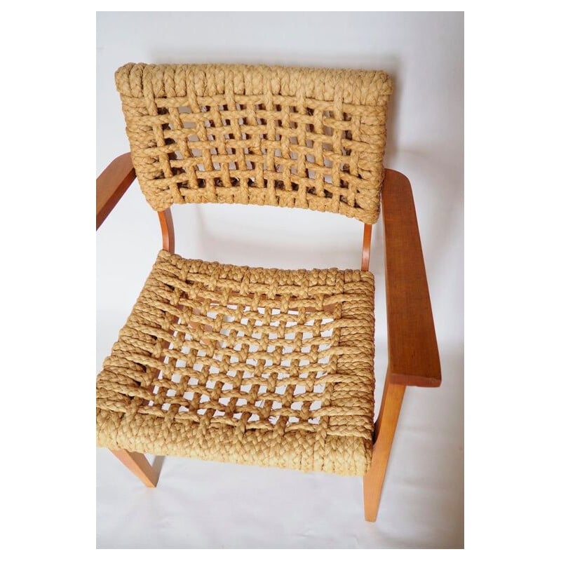 Vintage wooden and rope armchair Audoux Minet