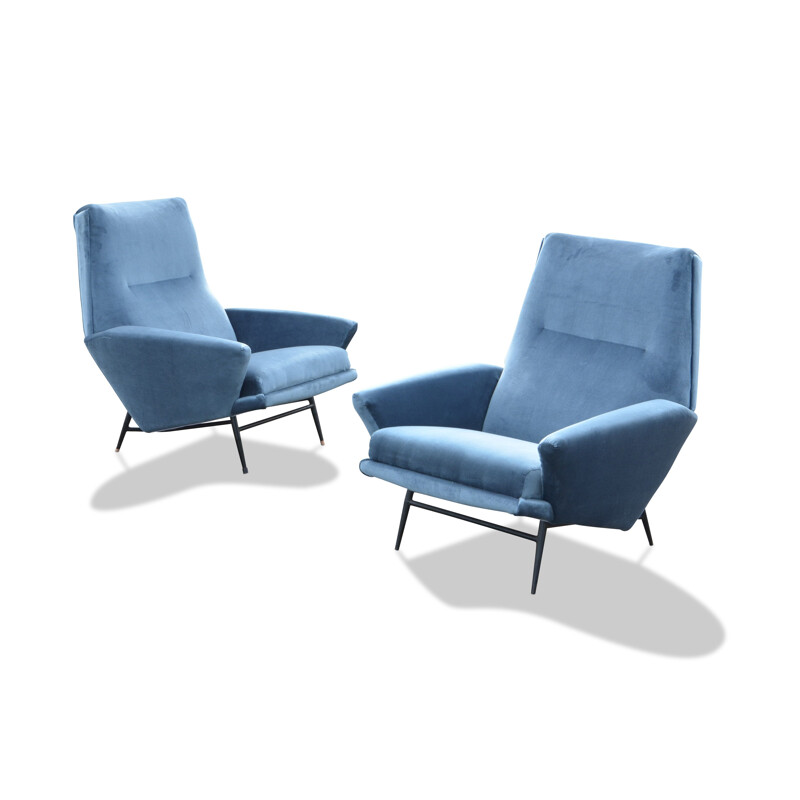 Pair of vintage armchairs blue velvet Guy Besnard 1962