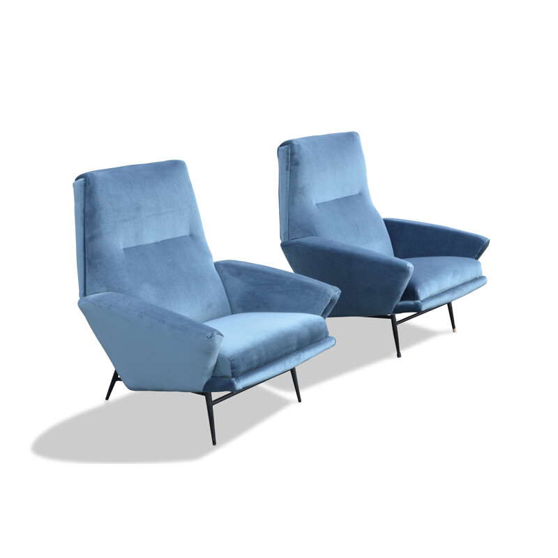 Pair of vintage armchairs blue velvet Guy Besnard 1962