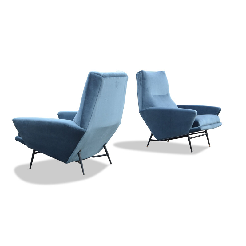 Pair of vintage armchairs blue velvet Guy Besnard 1962