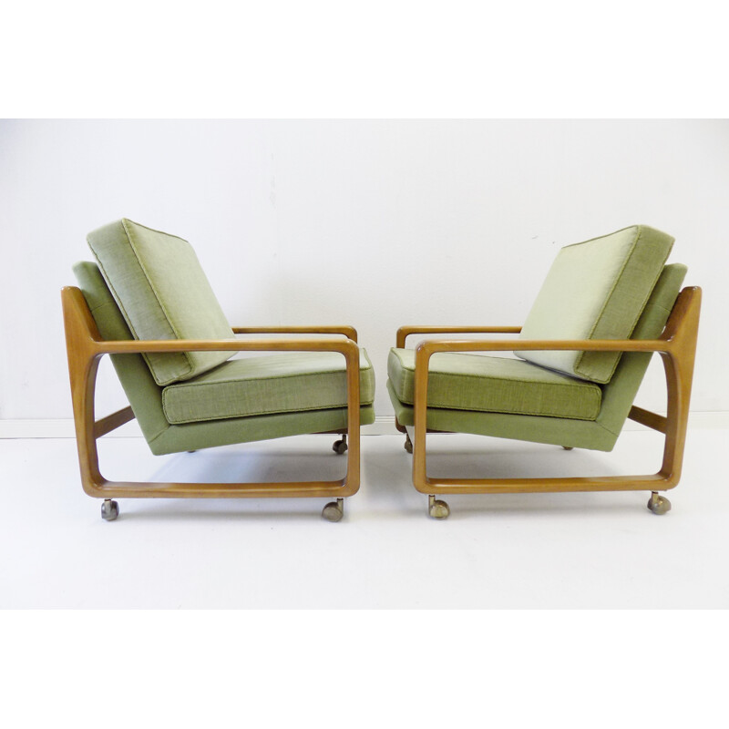 Pair of vintage green mid century velor armchairs 1960s