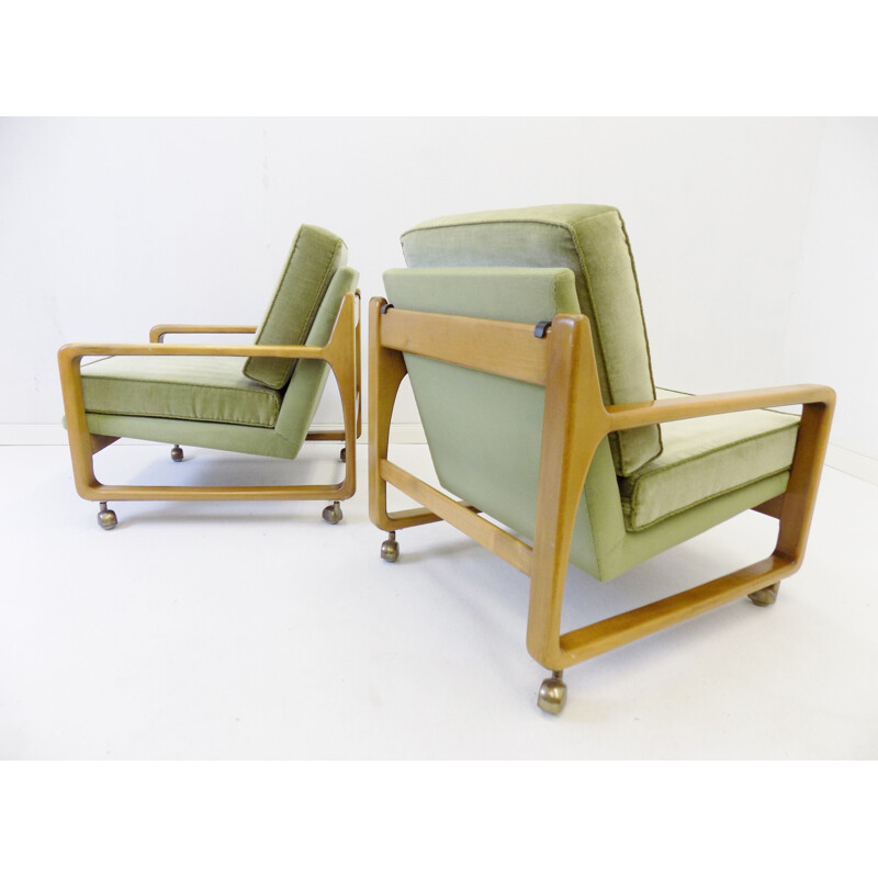 Pair of vintage green mid century velor armchairs 1960s