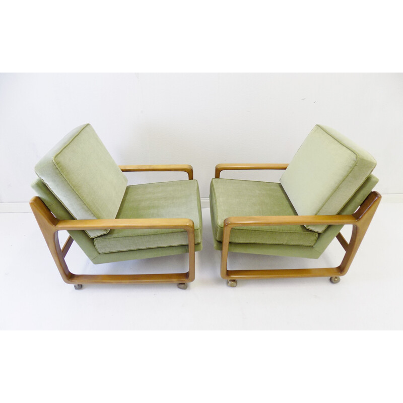 Pair of vintage green mid century velor armchairs 1960s