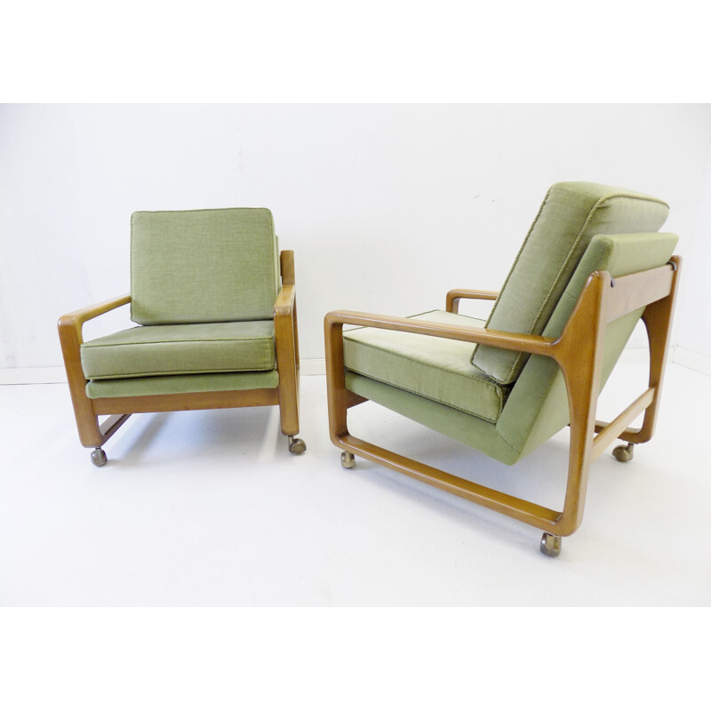 Pair of vintage green mid century velor armchairs 1960s