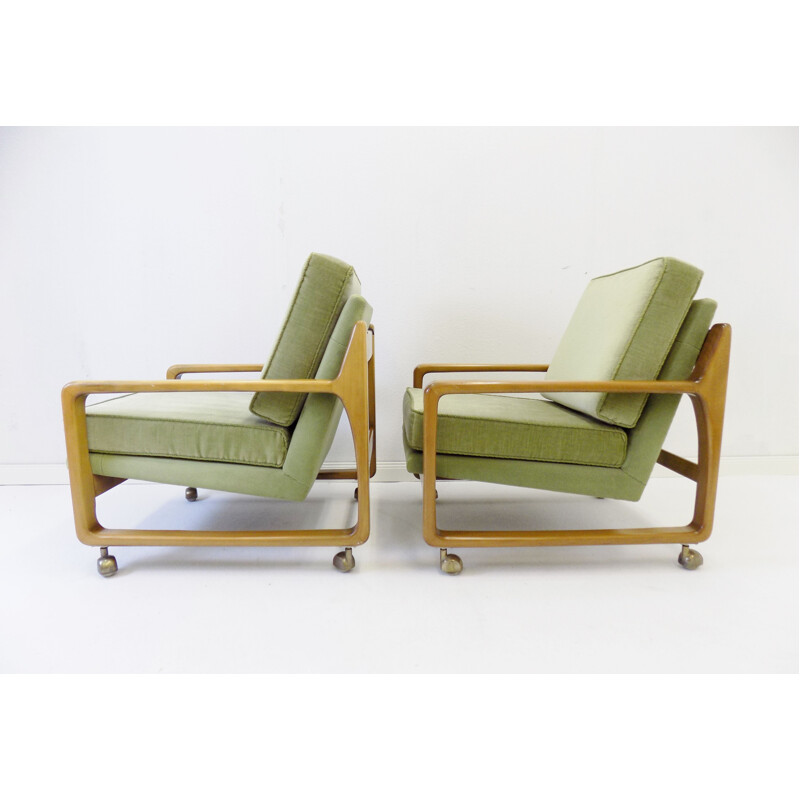 Pair of vintage green mid century velor armchairs 1960s