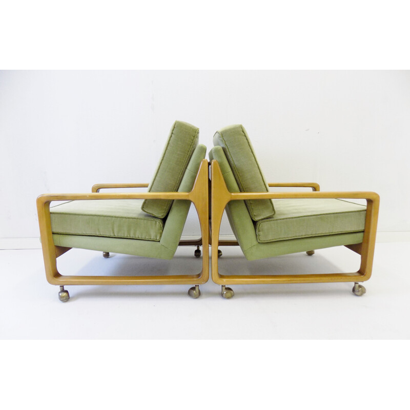 Pair of vintage green mid century velor armchairs 1960s