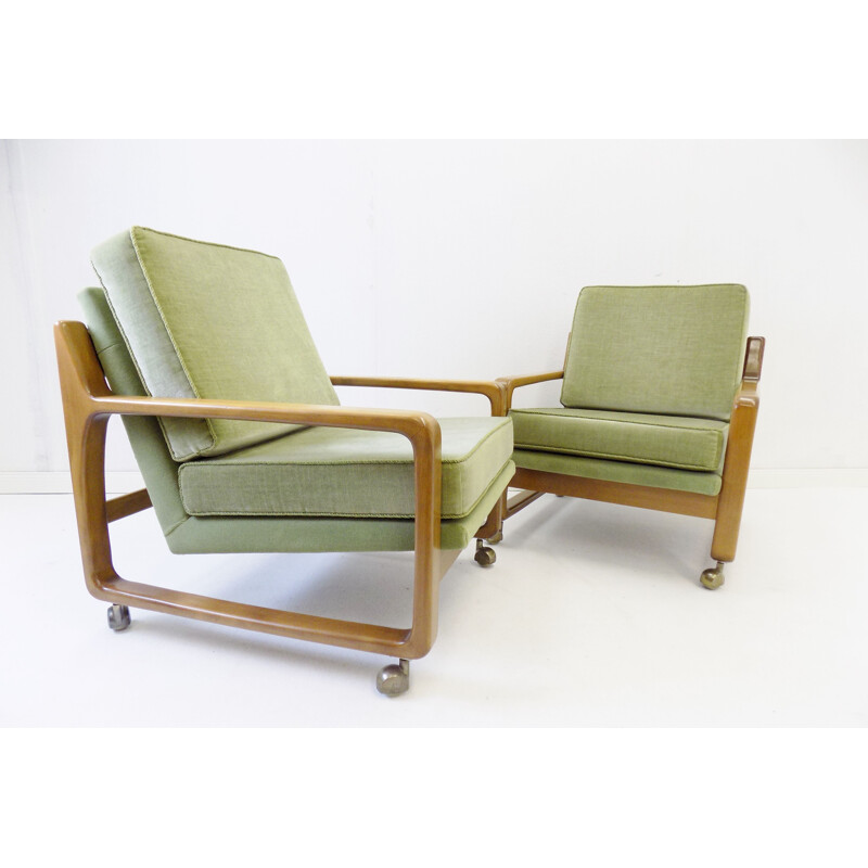 Pair of vintage green mid century velor armchairs 1960s