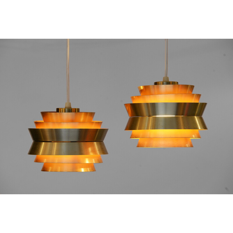 Pair of vintage small pendant lights "Trava" in golden aluminium by Carl Thore for Granhaga Metallindustri. Sweden 1960s