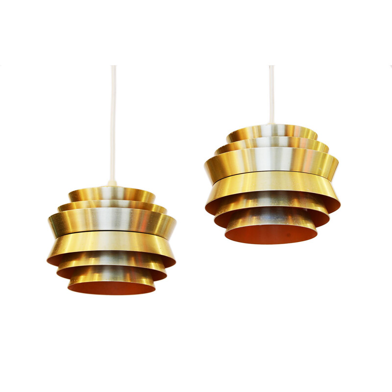 Pair of vintage small pendant lights "Trava" in golden aluminium by Carl Thore for Granhaga Metallindustri. Sweden 1960s