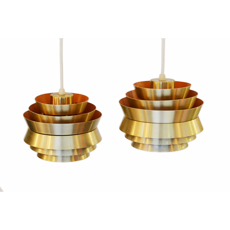 Pair of vintage small pendant lights "Trava" in golden aluminium by Carl Thore for Granhaga Metallindustri. Sweden 1960s