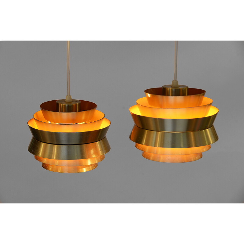 Pair of vintage small pendant lights "Trava" in golden aluminium by Carl Thore for Granhaga Metallindustri. Sweden 1960s