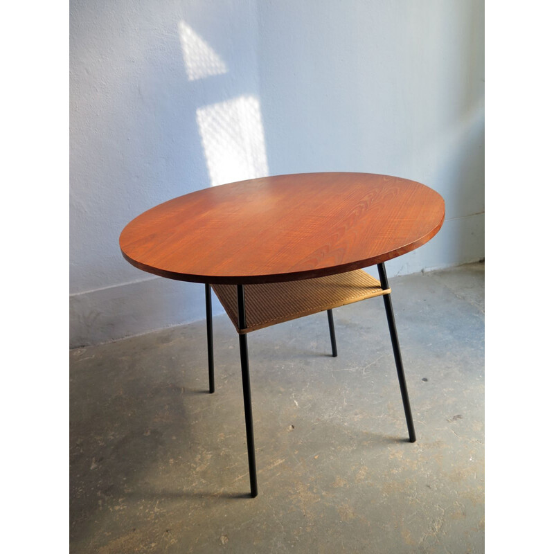 Table basse vintage en teck et rotin avec base en métal, 1950