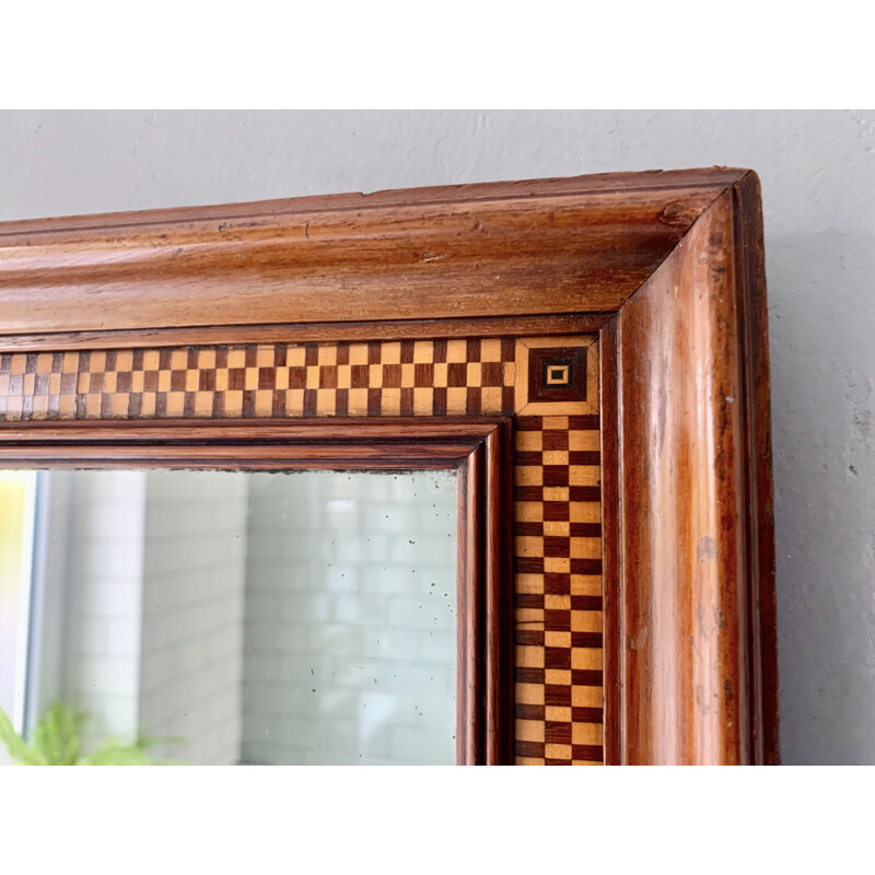 Vintage Wall Mirror Rectangular Marquetry Wood Frame 
