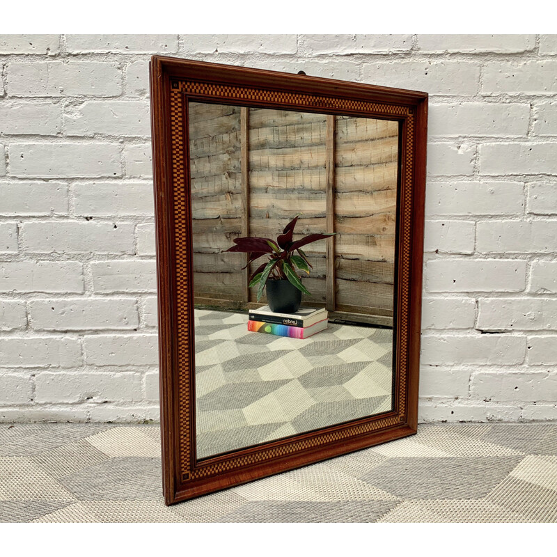 Vintage Wall Mirror Rectangular Marquetry Wood Frame 