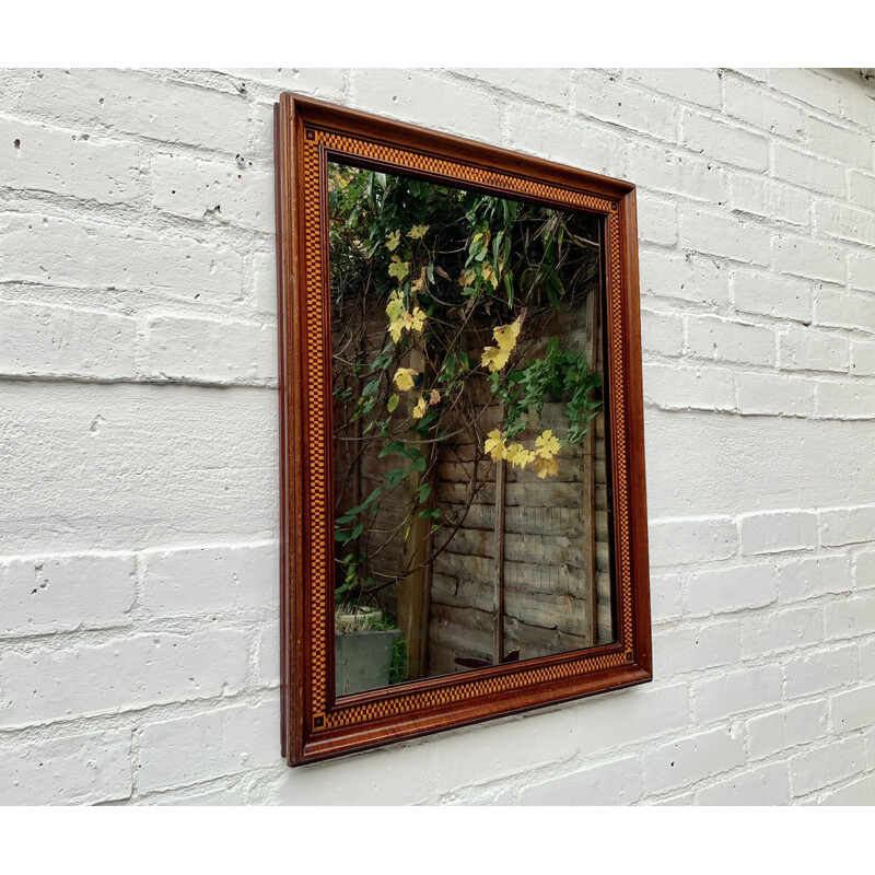 Vintage Wall Mirror Rectangular Marquetry Wood Frame 