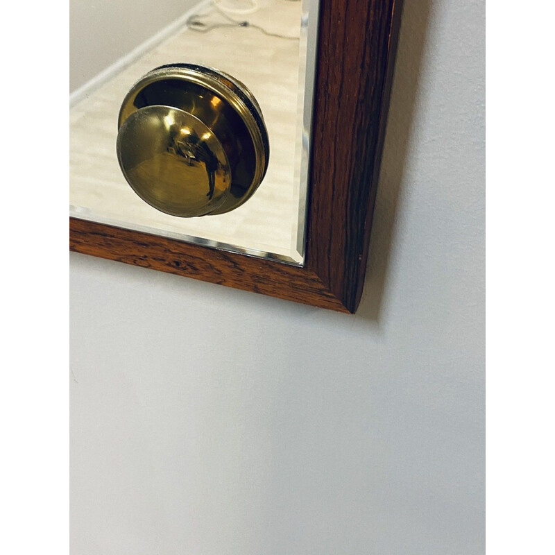 Vintage rosewood mirror with brass decorations, Sweden 1960
