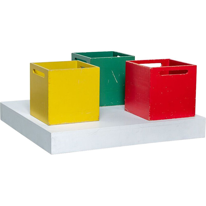 Ensemble de 3 boîtes de rangement vintage carrées en bois par De Stijl, Pays Bas