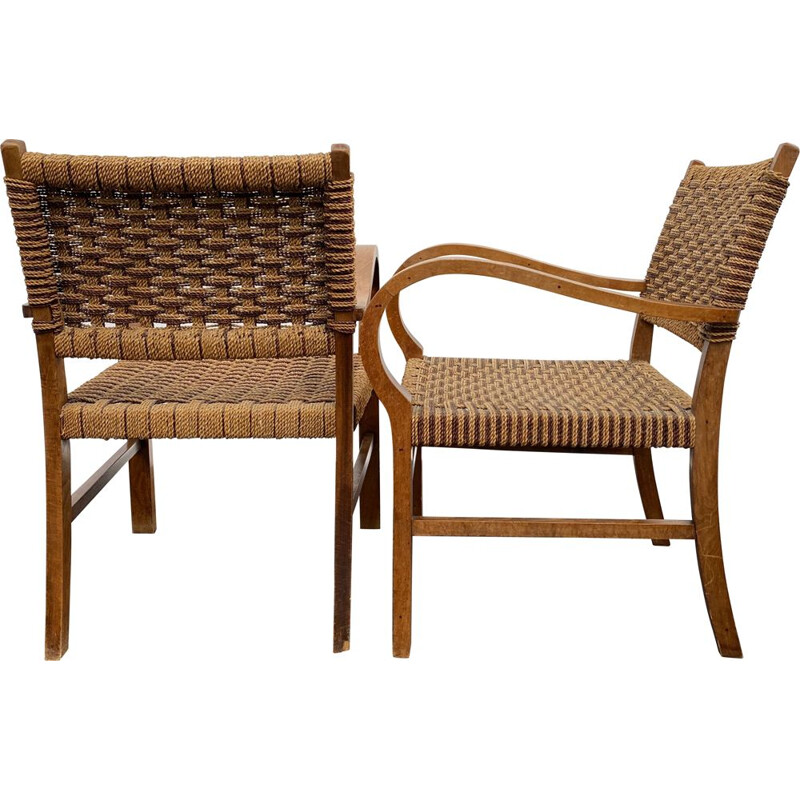 Pair of vintage beech breeze armchairs and 1950's rope 