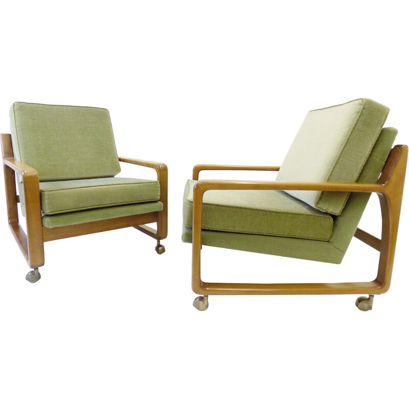 Pair of vintage green mid century velor armchairs 1960s