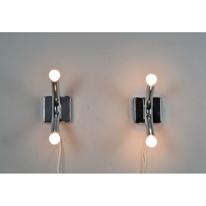 Pair of Mid-Century Modern  of Angelo Brotto Tubular Chrome Sconces, Italy 1960s