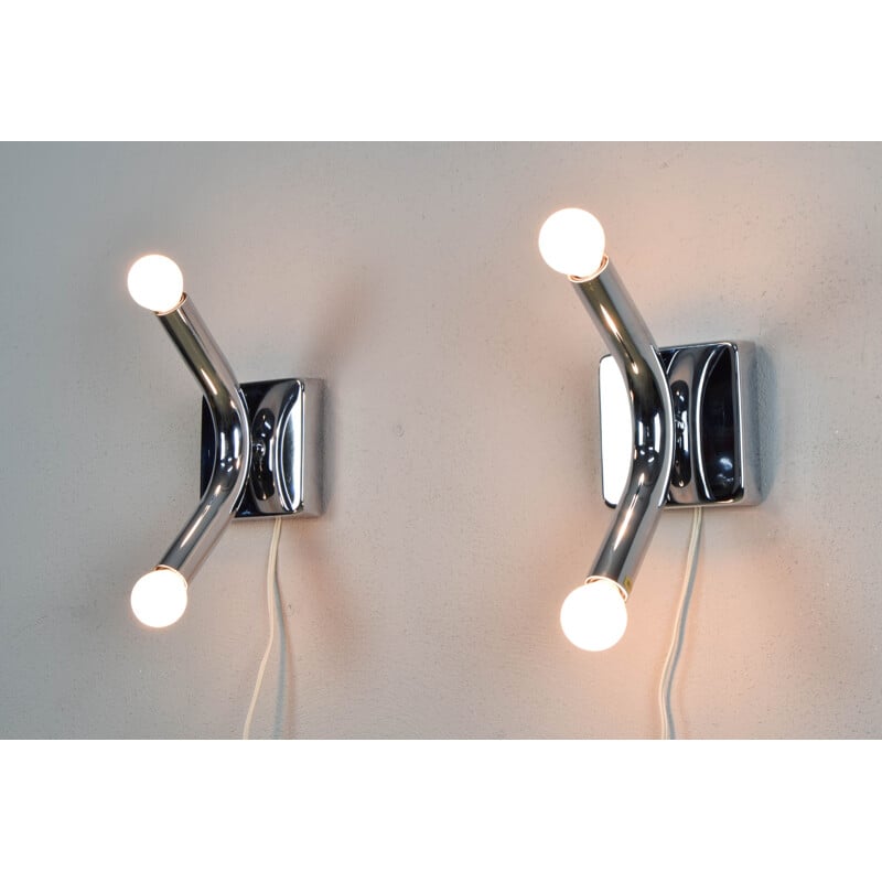 Pair of Mid-Century Modern  of Angelo Brotto Tubular Chrome Sconces, Italy 1960s