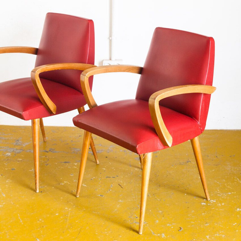 Pair of vintage bridge chairs Skaï and beech wood France, 1960