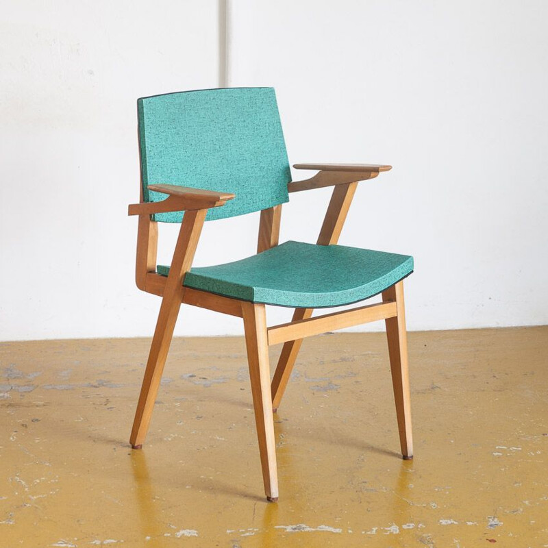 Vintage vinyl and wood Bridge chair, France 1960