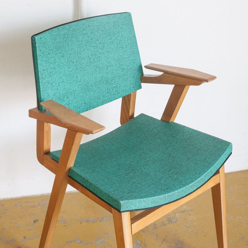 Vintage vinyl and wood Bridge chair, France 1960