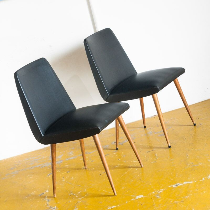 Pair of vintage chairs in wood and imitation leather, France 1950