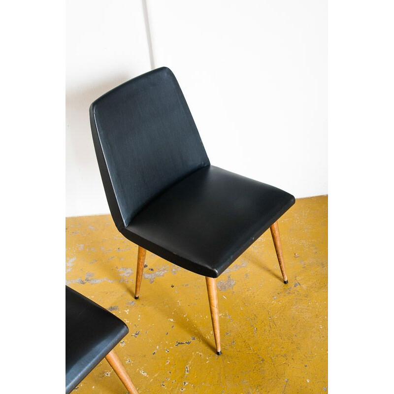 Pair of vintage chairs in wood and imitation leather, France 1950