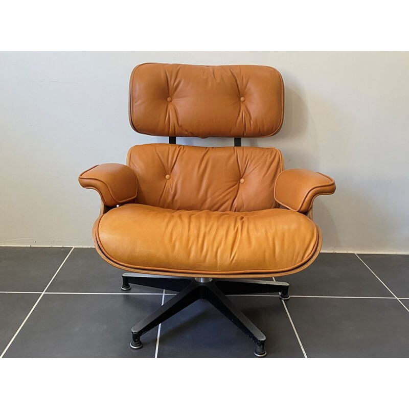 Vintage Lounge chair cherry cuir marron camel Eames Herman Miller 1956s