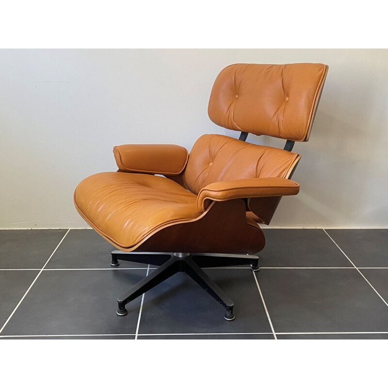Vintage Lounge chair cherry cuir marron camel Eames Herman Miller 1956s