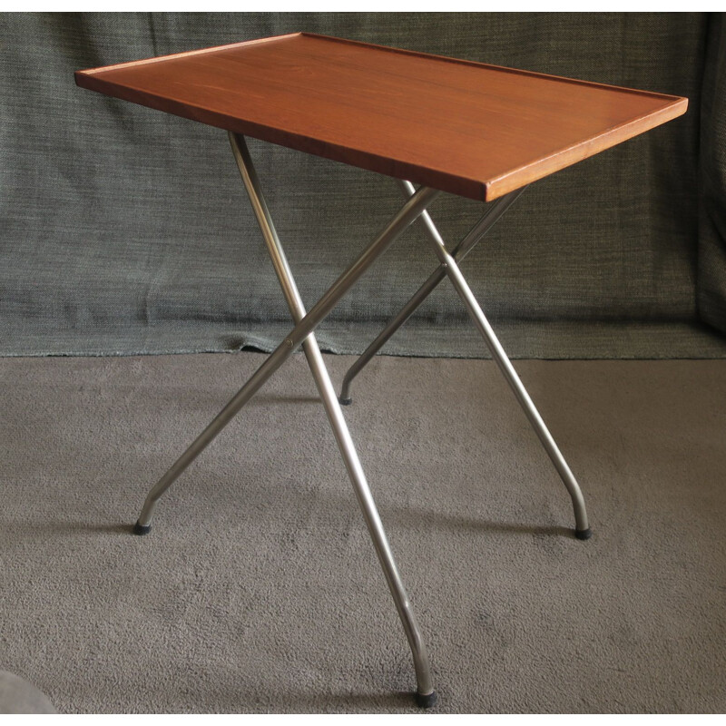 Table vintage danoise réglable en teck et aluminium 1960