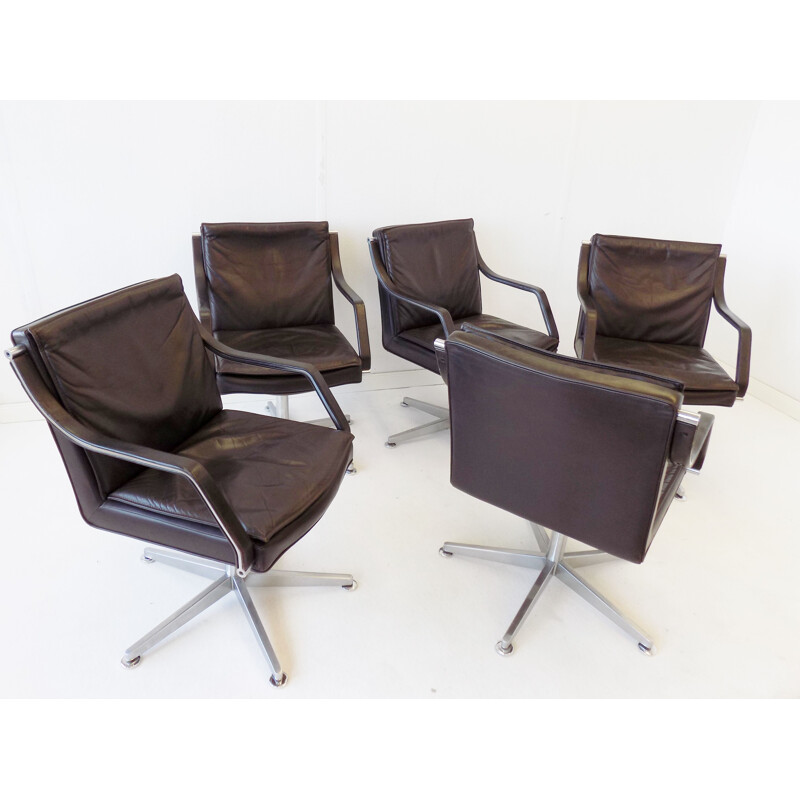 Ensemble de 5 fauteuils vintage de conférence en cuir de Rudolf B. Glatzel Dreipunkt 1980