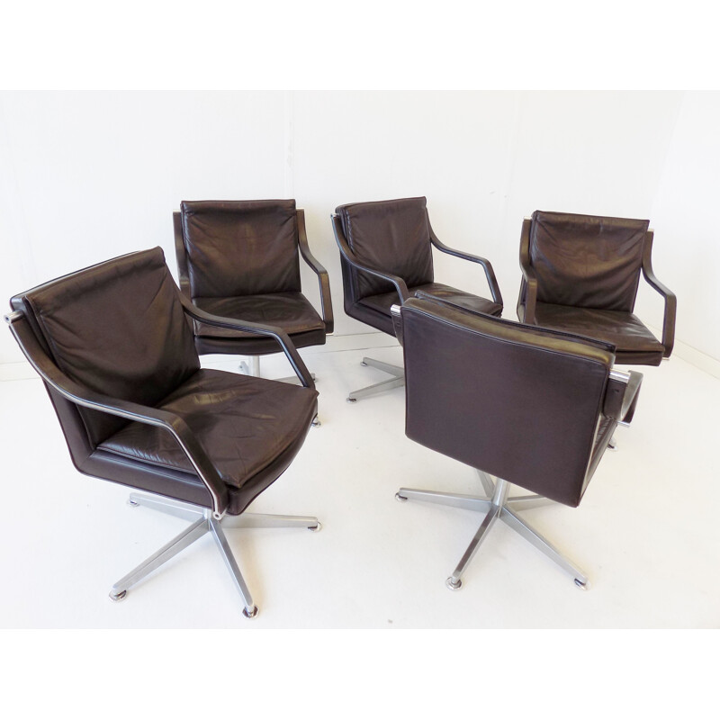 Set of 5 vintage leather conference chairs by Rudolf B. Glatzel Dreipunkt 1980s