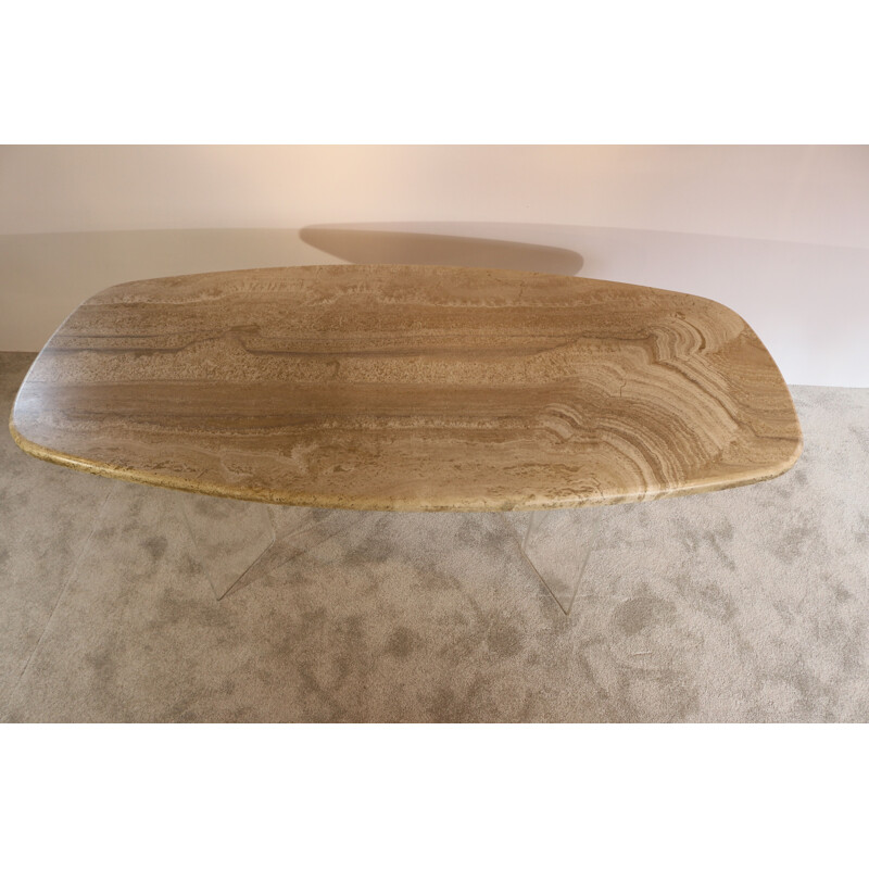 Vintage Floating dining tabel in travertine & plexiglass Belgium 1980s