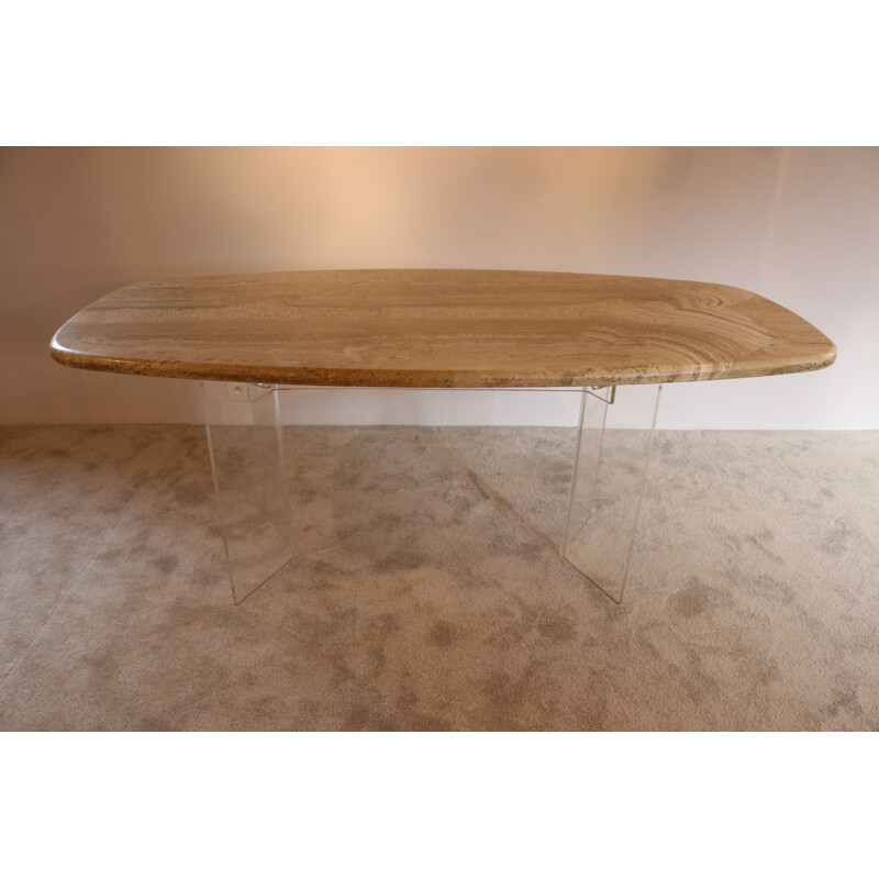 Vintage Floating dining tabel in travertine & plexiglass Belgium 1980s