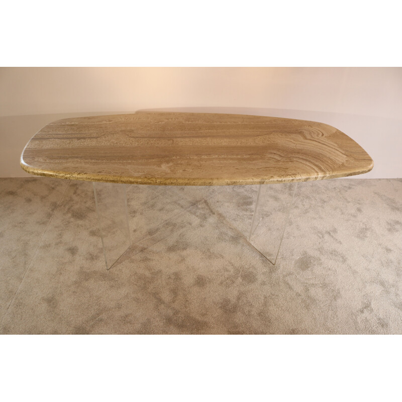 Vintage Floating dining tabel in travertine & plexiglass Belgium 1980s