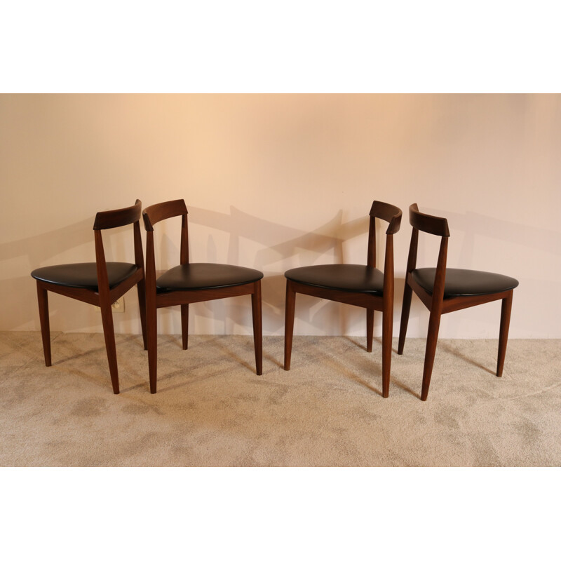 Table et 4 chaises vintage  tripodes avec sièges en cuir noir de Hans Olsen  Danemark 1960