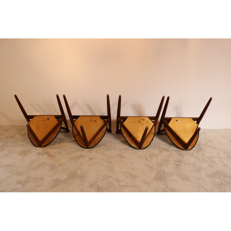 Vintage tripod table and 4 chairs with black leather seats by Hans Olsen Denmark 1960