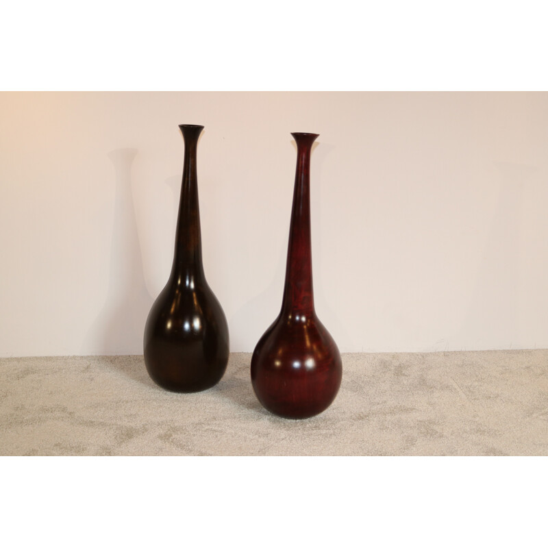 Pair of vintage XL handmade vases in exotic wood France