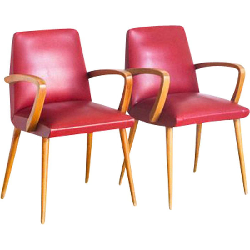 Pair of vintage bridge chairs Skaï and beech wood France, 1960