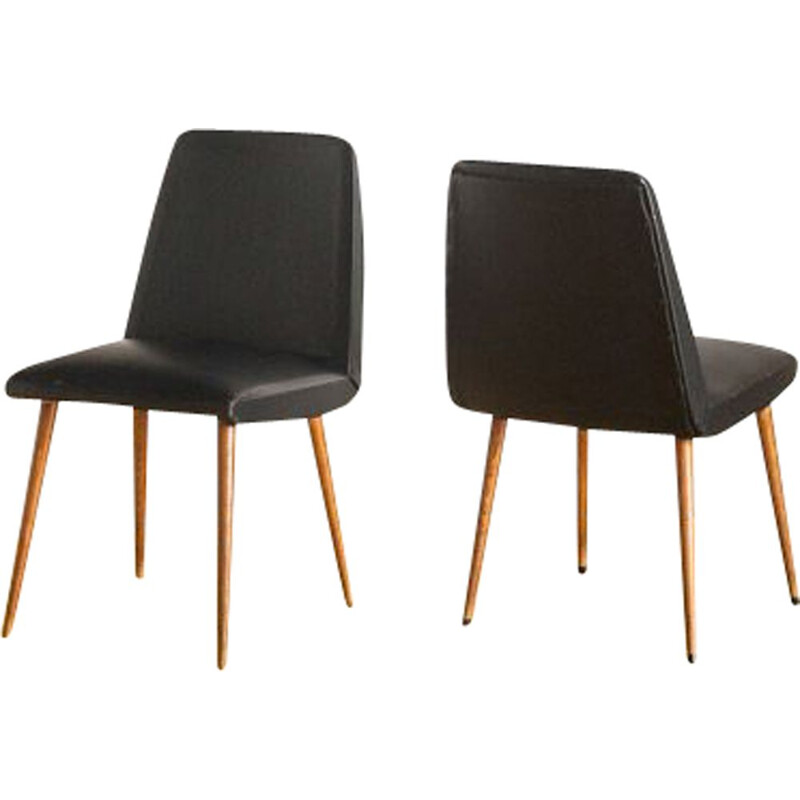 Pair of vintage chairs in wood and imitation leather, France 1950