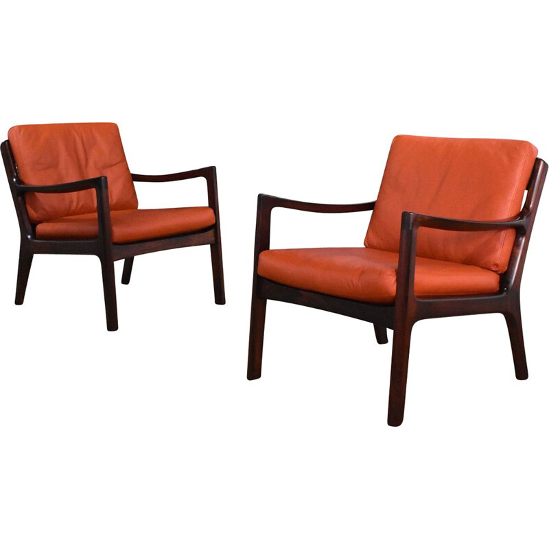 Pair Of vintage Ole Wanscher Rosewood & Leather Senator Chairs For France & Son